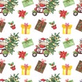 Watercolor Christmas seamless pattern with Santa Clause on motorbike with gift boxes and festive fir tree, isolated on white Royalty Free Stock Photo