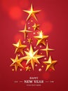 Christmas and New Years Tree made of realistic cutout foil, metal gold stars on red background with luminous Royalty Free Stock Photo