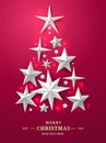 Christmas and New Years Tree made of realistic cutout paper stars on red background with luminous elements. For Royalty Free Stock Photo