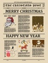 Christmas newspaper poster, old paper retro style. Greering Merrry Christmas and Happy new Year. Vector illustration