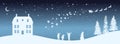 Christmas nigh panorama. Silhouettes of kids looking at Santas sleigh. Celebration scene. Paper village landscape