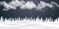 Christmas night background with clouds, moon and falling snow. Winter landscape. Vector illustration Royalty Free Stock Photo