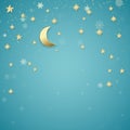 Christmas night background. Golden stars and snowflakes on blue background. Holiday design element. Vector Royalty Free Stock Photo