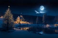 Christmas night, a landscape with a brightly lit house and a Christmas tree on the shore of a lake Royalty Free Stock Photo