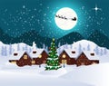 Christmas night landscape full moon with flying santa claus, christmas Royalty Free Stock Photo