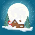 Christmas night landscape full moon with flying santa claus, christmas card. Royalty Free Stock Photo