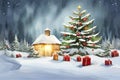 Christmas night landscape tree with gifts on the background of the house, Royalty Free Stock Photo