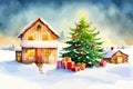 Christmas night landscape tree with gifts on the background of the house, Royalty Free Stock Photo