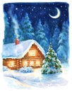 Christmas night landscape, watercolor hand paint illustration Royalty Free Stock Photo