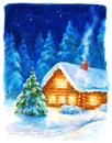 Christmas night landscape, watercolor hand paint illustration Royalty Free Stock Photo