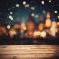 Christmas Night Light Bokeh Background Wood Table Display, Blurred Town Background, AI Generated Royalty Free Stock Photo