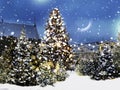 Christmas night moon on sky Snowy   festive city marketplace fluffy snowflakes festive decoration illumination medieval city Tall Royalty Free Stock Photo