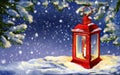 Christmas night, red vintage lantern with a burning candle on winter background, Decorative Christmas ornament, art Royalty Free Stock Photo