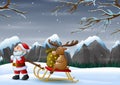 Christmas night with santa claus pulling reindeer on a sleigh with sack of gifts Royalty Free Stock Photo