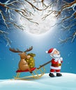 Christmas night with santa claus pulling reindeer on a sleigh with sack of gifts Royalty Free Stock Photo