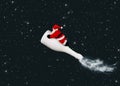 Christmas night scene with Santa Claus flying on champagne bottle rocket on black sky background Royalty Free Stock Photo