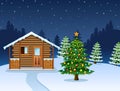 Christmas night scene with a snowy wooden house and decorated fir tree Royalty Free Stock Photo