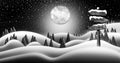 Christmas Night and the Snow Fields with Directional Sign Leading To Elf Village, North Pole and Santas house 3D illustration