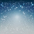 Christmas night. Snowfall sparkle abstract background with snowflakes and stars on dark blue. Winter shiny snow design template.