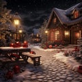 Christmas night snowy street wooden houses wallpaper