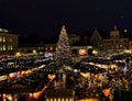 Christmas night Tallinn panorama marketplace In old town square panorama , full moon on night sky , tree light decoration , n