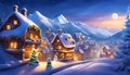 Christmas night in the village. Snow houses. Conceptual art landscape book illustration.