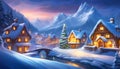 Christmas night in the village. Snow houses. Conceptual art landscape book illustration.