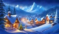 Christmas night in the village. Snow houses. Conceptual art landscape book illustration.