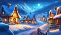 Christmas night in the village. Snow houses. Conceptual art landscape book illustration.