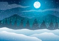 Christmas. Night winter landscape. Trees against a blue background of falling snow, moon and mountains. Royalty Free Stock Photo