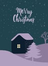 Christmas night winter scene, little house in forest, light in window, spruce and pine trees on snow. Winter vector Royalty Free Stock Photo