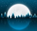 Christmas nighttime greeting. Winter landscape with coniferous forestand full moon