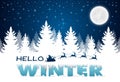 Christmas nighttime greeting. Winter landscape with coniferous forestand full moon