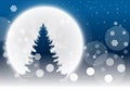 Christmas nighttime greeting. Winter landscape with coniferous forestand full moon