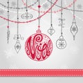 Christmas,Noel card with lettering ball,garlands,ribbon