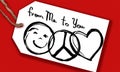 Christmas note card hangtag peace love and friendship design on a red background