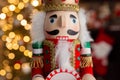 Christmas nutcracker wooden figure, toy soldier decoration with tree lights bokeh. Royalty Free Stock Photo