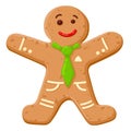 Christmas oatmeal cookie in shape of smiling human. Gingerbread man decorated with colored icing. Royalty Free Stock Photo