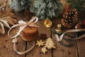 Christmas oatmeal cookies and festive decorations on rustic wooden table. Atmospheric stylish christmas composition with healthy