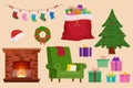 Christmas objects set. Holiday objects collection illustration: fireplace, sofa, santa bag, christmas socks, gift