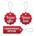 Christmas offer red stitched tags set. Royalty Free Stock Photo