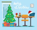 The Christmas office interior design with table, window, fir tree, presents. Freelancer, designer office workstation. Business