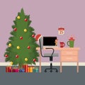 Christmas office workplace scene with big christmas tree and gifts and wall in violet color