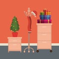 Christmas office workplace scene with file cabinets and christmas decoration and gifts