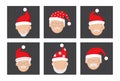 Christmas old man Santa Claus, cartoon cute head character grandfather, red Santa hat, New Year face collection, vector winter
