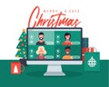 Christmas online greeting. people meeting online together with family or friends video calling on pc computer virtual discussion.