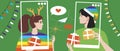 Christmas Online, LGBTQ Couple, Flat Vector Stock Illustration with Christmas Lesbian Video Call and LGBT Internet Celebration