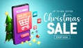 Christmas online sale vector banner design. Christmas sale text with online mobile shopping app for xmas virtual shop promotion.