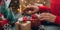 Christmas online shopping, work and education. New Year decorations on table. Woman with notebook computer at home. Winter Royalty Free Stock Photo