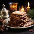 Christmas oplatki wafer cookies with white powdered sugar, on an ornate plate
